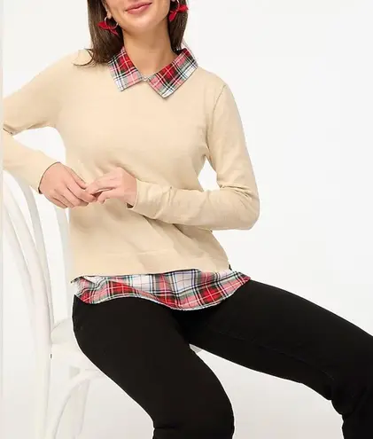 J Crew Factory Woven Collar Sweater Plaid Flannel/Cream Small Side Split Hem