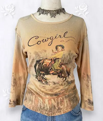 Vintage Tan Brown Early 2000's Western Cowboy Graphic Print Long Sleeve Top L Size L