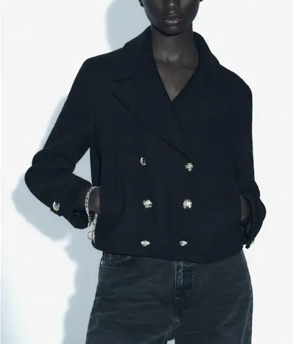 ZARA  WOMAN  WOOL BLEND CROPPED COAT JACKET GOLD BUTTON Navy size Small