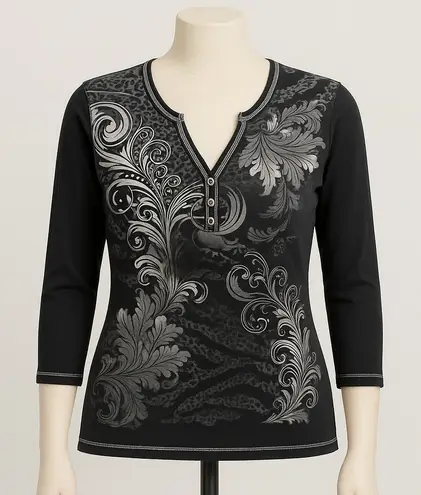 Vintage Y2K Blue Canyon Women's Top Size Lā Black Graphic Biker Glam Mall Goth Size L