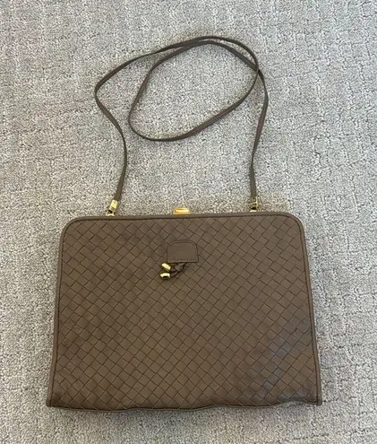 VTG brown woven leather shoulder bag clutch criss cross vintage