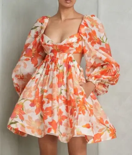 Zimmermann New Orange and Cream Floral Long Sleeve Dress