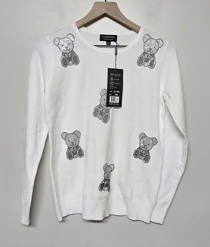 S. Christina Womens 100% Cashmere Sequin Teddy Bear Sweater Size S/M NWT Preppy White