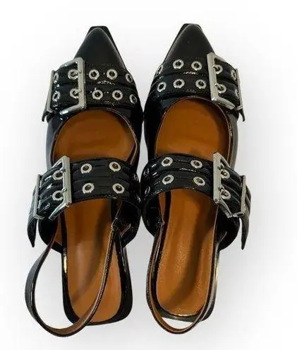 Black Chunky Buckle Slingback Punk Goth Flats Women’s Size 9 Pointed Toe NWOT