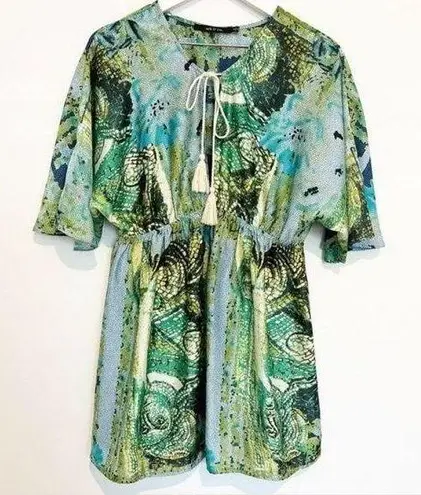 Ark & Co. Floral Watercolor Keyhole Tassel Flutter Peasant Mini Dress Size Small