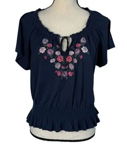 Aero Large Seriously Soft Top Keyhole Neck Flutter Sleeve Floral Embroidery Blue