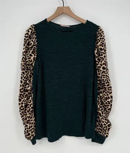 Ces Femme Top Womens Medium Multicolor Leopard Print Tight Knit Puff Sleeve