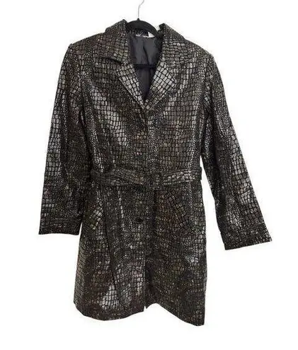 Newport News Jacket Womens Medium Leather Crocodile Trench Coat Black Belted