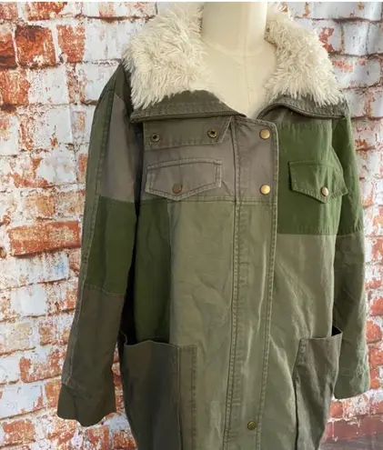 One Teaspoon Green Patchwork Twill Utility Defender Sherpa Fur Lined Coat Small