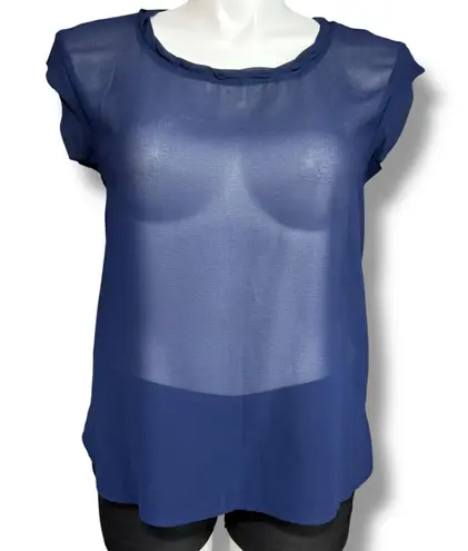Spense Womens Sheer Blouse Shirt Top Cap Sleeve Round Neck Pullover Blue Large