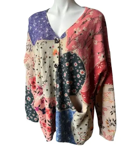 Yesno Button Down Oversized Cotton/Wool Blend Boho Patchwork Print Cardigan