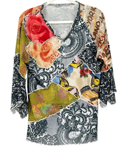 Womens Artsy Art To Wear Deco Boho Lagenlook 3/4 Sleeve Patchwork Floral Blouse Black Size M