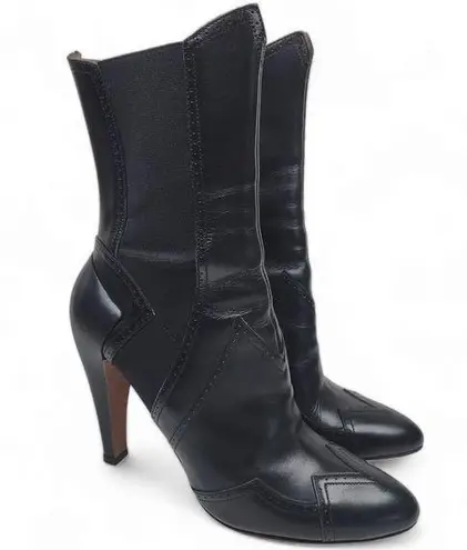 Alaïa Black High Rise Ankle Boots Perforated Trim Leather Size 38.5 Boho Cowboy