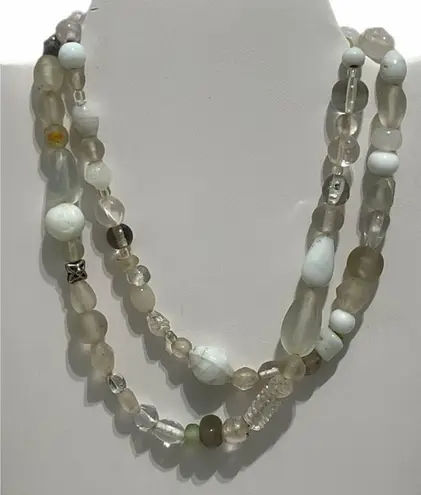 None Long Beaded Statement Fashion Necklace White Green