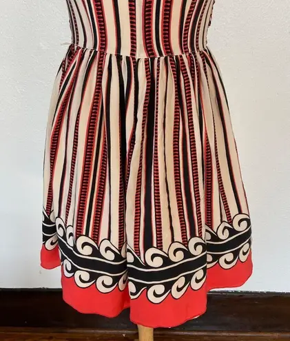 Anna Sui Beige Striped V-Neck Off The Shoulder Silk Dress