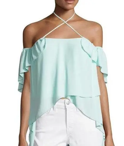 Cinq à Sept Cinq A Sept Carla Cold-Shoulder Crossover Halter Top in Aruba Light Aqua Blue