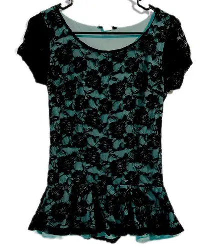 Deb Green Peplum Blouse with Short Sleeves Size L