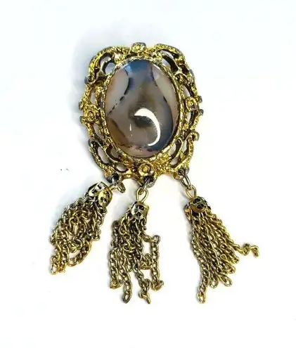 Vintage Gold Filigree Brooch With Agate