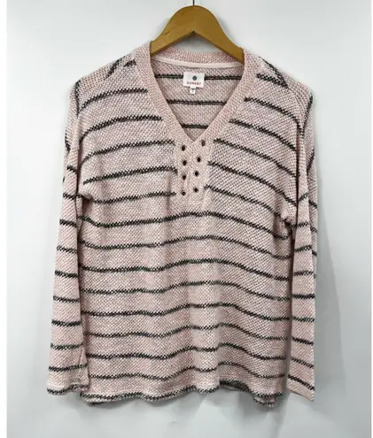 Sundry Lace-Up Sweater Small Women Natural Striped Knit Stretch PInk