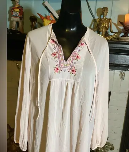 Vintage Light Pink Sheer Nightgown with Embroidered Chest with Tie at Neck Small