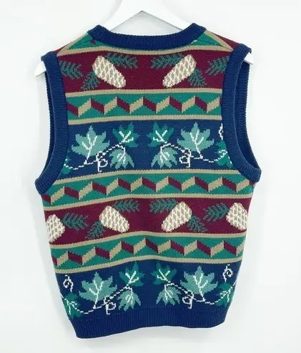 Vintage Teal Boho Pinecone Leaf Grandma Sweater Vest Cardigan SZ S