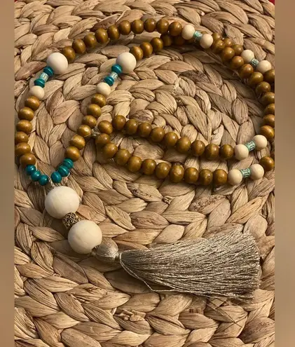 Bohemian beige brown colored with some turquoise beaded Necklaces handmade