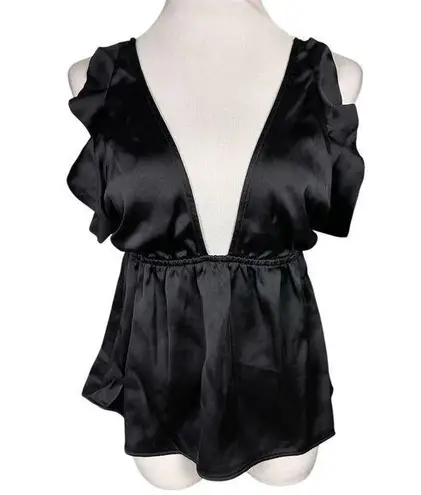 We Wore What NWT Women's Black Ruffle Sleeve Silky Blouse Open Back Size L