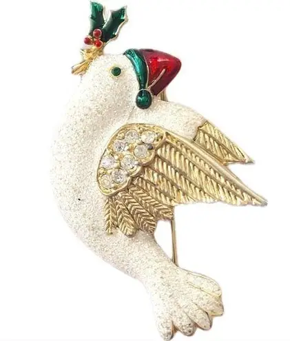 Vintage SJ Stamped Glittery Turtle Dove Christmas Holiday Santa Brooch Pin Gold