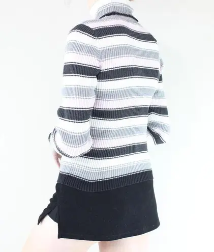 Q&A Grey, White, Pink & Black Striped Ribbed Turtleneck