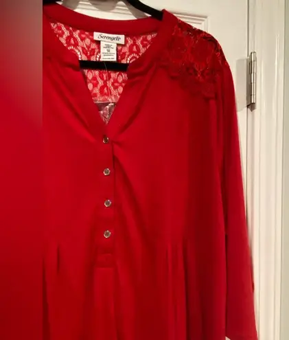 NWT Serengeti Size 1X Red Lace 3/4 Sleeve Henley Pintuck Pleated Tunic Top