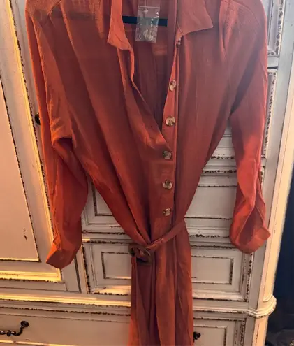 FAVLUX  Women's Orange Button-Down Belted Midi Dress‎ Size L Casual - Image 1