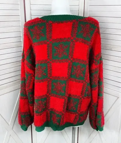 Holiday Time  Fancy Dog Checkerboard Fuzzy Ugly Christmas Sweater Red 3X Oversize