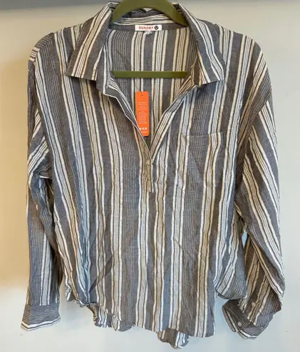 Sundry Women's Striped Long Sleeve Top Size 3- Large Blue Gray Button Down Shirt