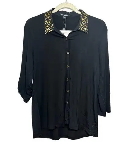 Cable & Gauge Womens Sz M Black Soft Button Down Shirt Gold Studded Collar NWT