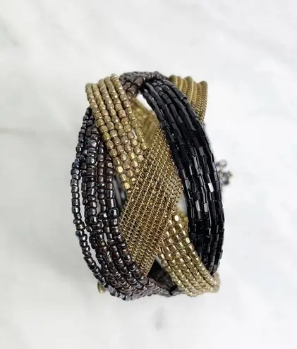Metallic Tones Criss Cross Beaded Cuff Bracelet