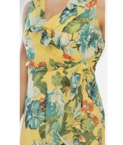London Times Sleeveless Flowy Floral Faux Wrap Dress Size 14 Yellow Vacation - Image 7