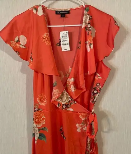 INC International Concepts Women’s Side Tie Wrap Dress Floral Satin Size Large Orange