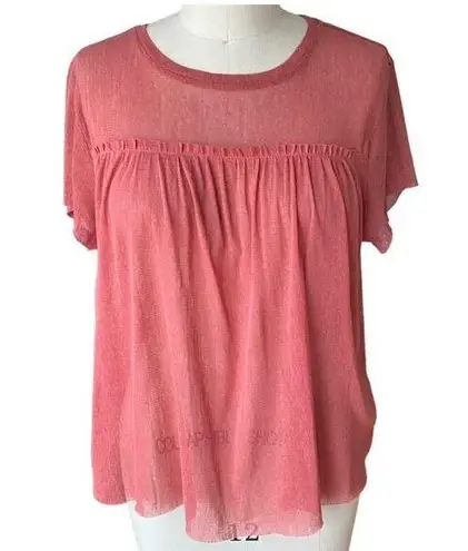 Massini Boho Spice Red Raw Edge Sheer Short Sleeve Bohemian Top ~ Womens Size XL