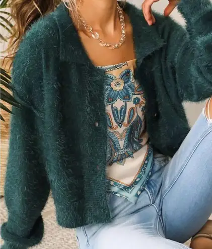 Willow & Root Green eyelash knit cardigan sweater size small Blue