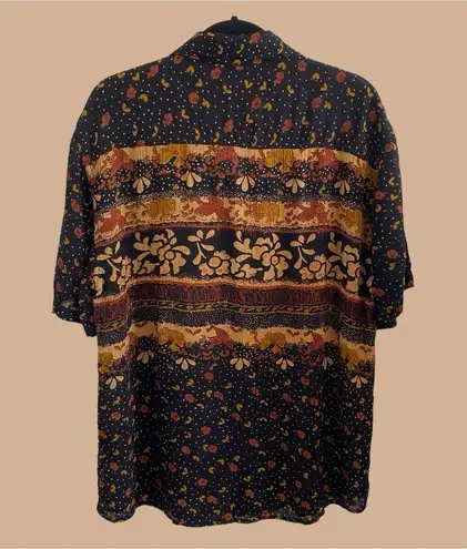 Jane Ashley Vintage Boho Floral Crinkle Cut Oversized Button Up Short Sleeve /