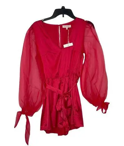 Fanco Women Romper Sheer V Neck Lace Long Sleeve Tie Waist Red Sz. Medium NWT