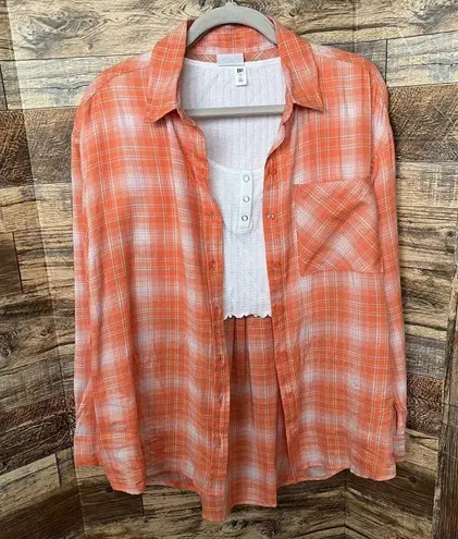 Abound Nordstrom Plaid button down shirt top SMALL long sleeve blouse orange white