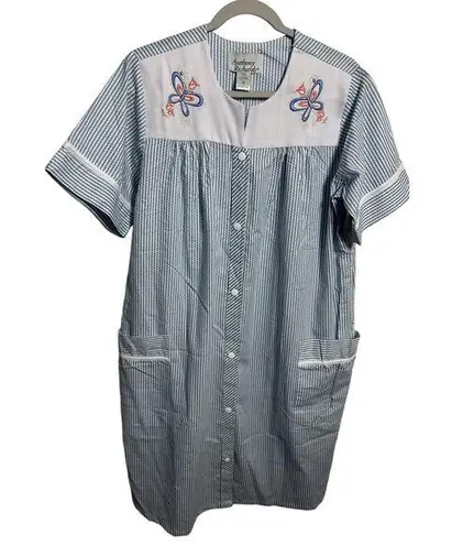 Anthony Richards House Coat Snap Button Seersucker Pockets Short Sleeve Medium Blue