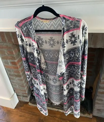 it's our time It’s Our Time Pink Grey Tribal Long Sleeve Open Front Cardigan size Small