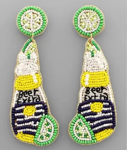 Salt The Rim Beaded Beer Bottle Earrings Fiesta Party Fun Statement Dangle New Green