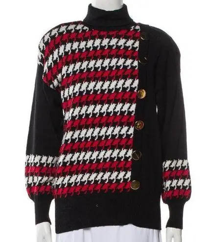 Lillie Rubin Vintage 80s Turtleneck Sweater Houndstooth Black Red Gold Buttons S