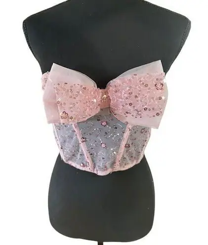 Pink Sequin Mesh Corset Top with Oversized Bow & Lace