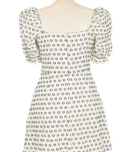 FORE Cream and Black Patterned Linen Blend Puff Sleeve Mini Dress White