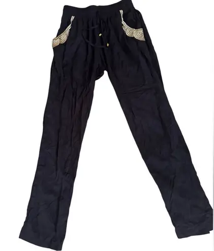 Ava Sky Black Rayon Pants Gold studded trim pockets one size NWT