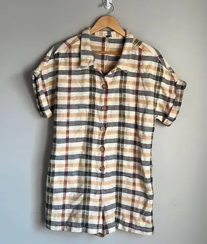 Free People  Felicity Plaid Button Front Roll Tab Sleeve Romper Size Small - Image 2